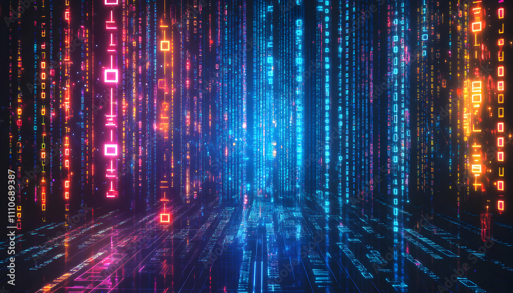 Abstract digital data stream; vibrant glowing binary code cascades down, reflecting on a futuristic surface. Ideal for technology, AI, and cybersecurity concepts. Abstract digital data stream; vibrant glowing binary code cascades down, reflecting on a futuristic surface. Ideal for technology, AI, and cybersecurity concepts.