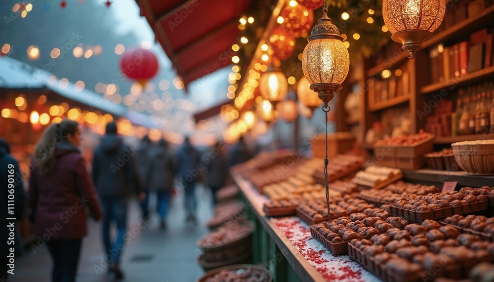 Festive holiday market with twinkling lights, seasonal charm Festive holiday market with twinkling lights, seasonal charm