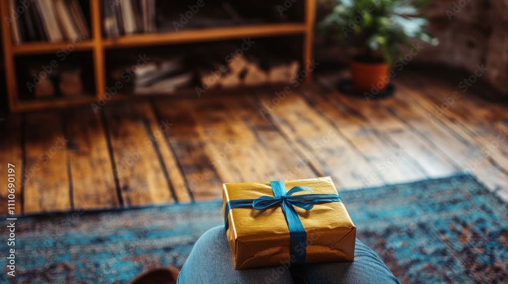 Fototapeta premium Orange gift box on blue background