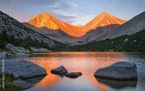 Golden hour over a mountain lake, with the setting sun casting a warm glow on the distant peaks and the lake's surface, creating a mesmerizing play of light and color. photo