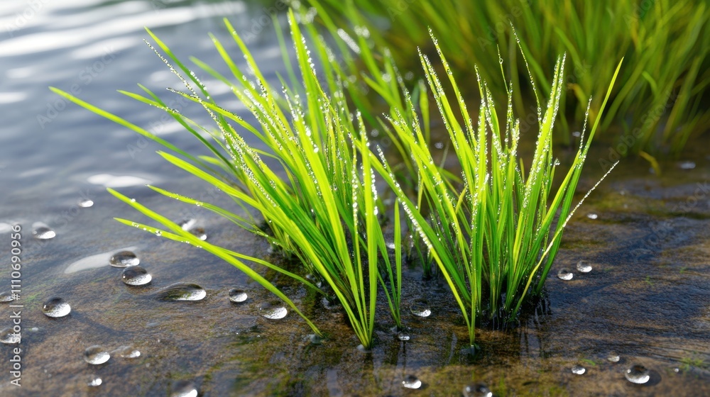 Fototapeta premium Morning Dew Glistens on Vibrant Grasses in a Serene Wetland Landscape