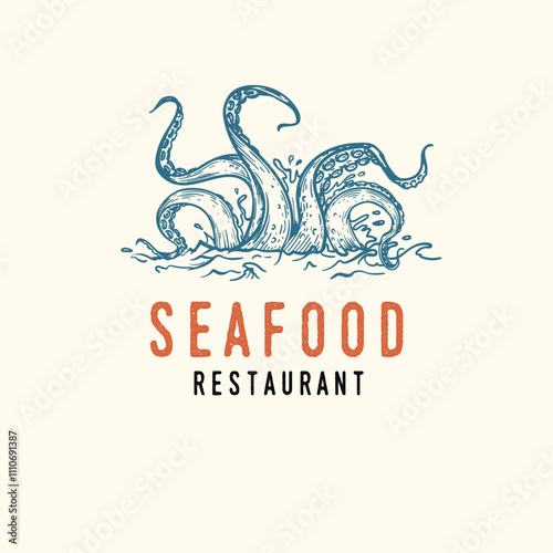 Seafood cover design template. Octopus tentacles in hand drawn sketch style. Best for nautical and marine designs. Vector illustration.