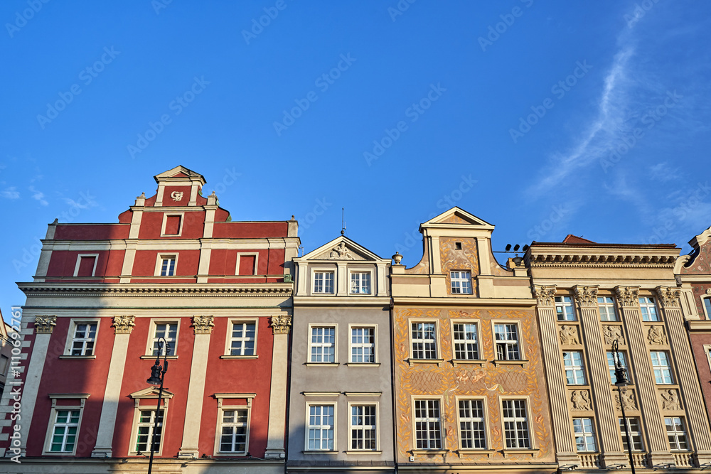 facades of historic tenement houses on the market square in the city of Poznan, Poland facades of historic tenement houses on the market square in the city of Poznan, Poland