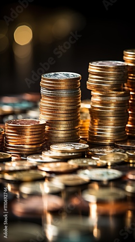 Investment Ideas and Business Growth. Coins stacked on the ground with a digital graph. 