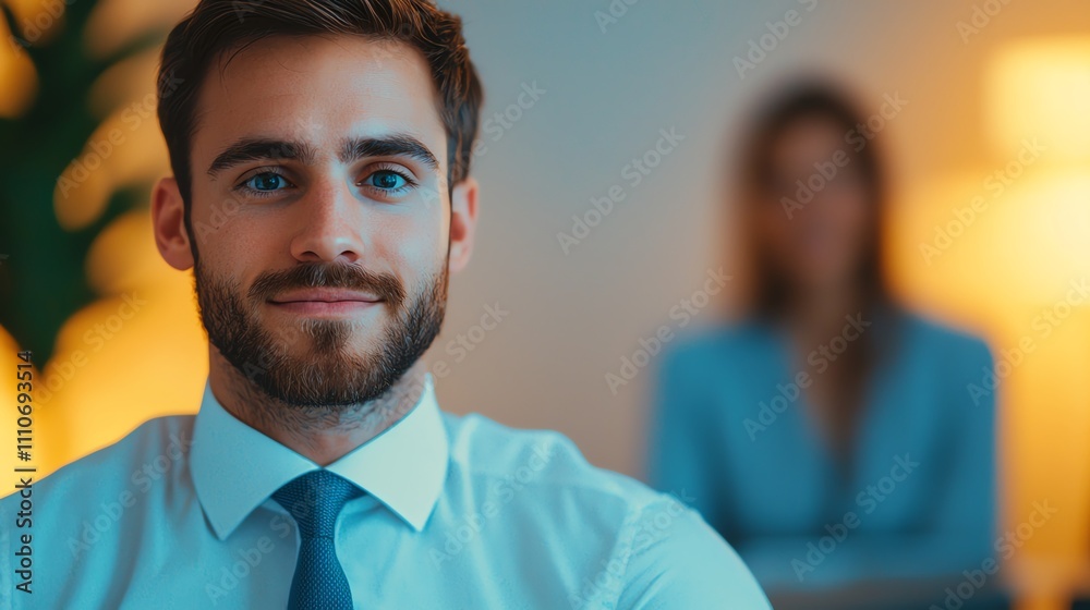 Financial advisor explaining loan conditions in a homey office, warm lighting, smiling client in background, inviting and calm Financial advisor explaining loan conditions in a homey office, warm lighting, smiling client in background, inviting and calm