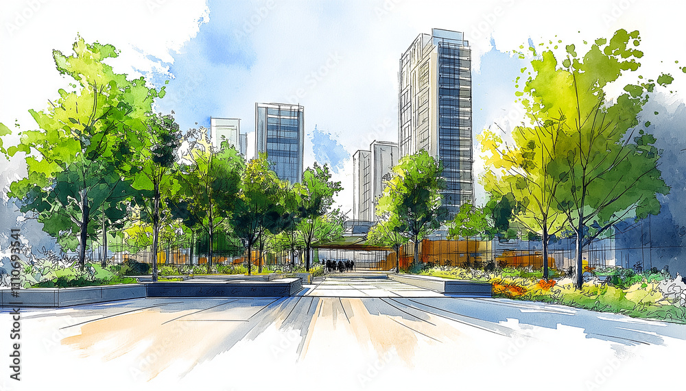 Obraz premium Sketch of urban space trees roads and buildings 