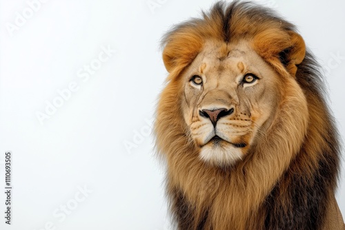 Studio photo of a lion isolated against a white background. Wildlife and conservation concept, space for copy.