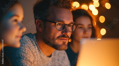 Financial advisor explaining loan terms to young family in cozy office, warm lighting, slight side angle, expressions of understanding photo