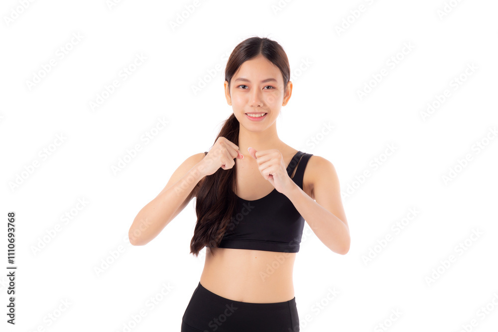 Portrait young asian woman in sportswear exercise with cardio pose while punch isolated white background, girl workout with strength and strong, sport and motivation, determination and endurance. Portrait young asian woman in sportswear exercise with cardio pose while punch isolated white background, girl workout with strength and strong, sport and motivation, determination and endurance.