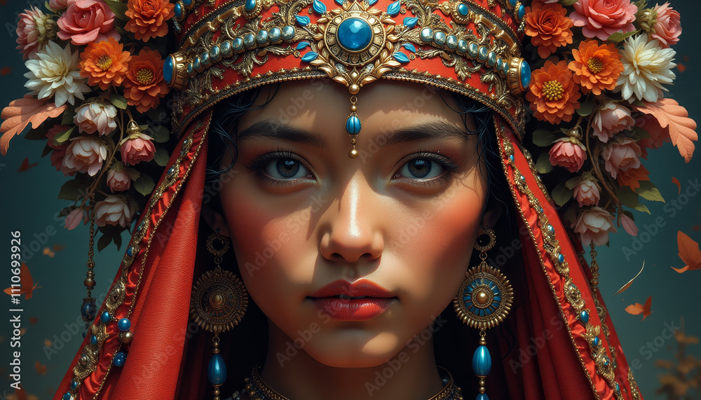 Close-up of a woman with an ornate headdress and vibrant floral decorations Close-up of a woman with an ornate headdress and vibrant floral decorations