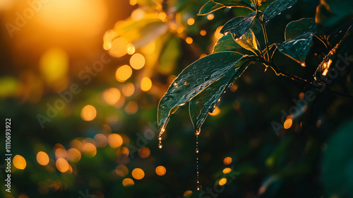 Golden Hour Dewdrops:  Close-up of lush green leaves glistening with dew drops at sunset, capturing the warmth and tranquility of nature's beauty. 
