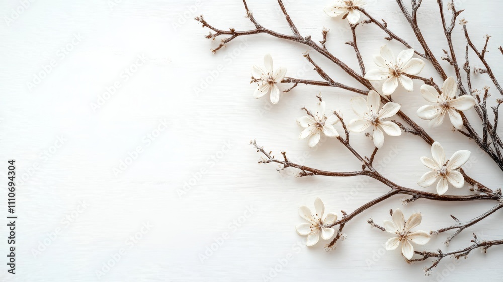 A delicate arrangement of white flowers on branches against a light background. A delicate arrangement of white flowers on branches against a light background.