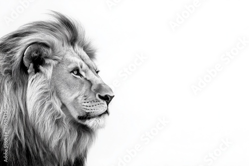 Studio photo of a lion isolated against a white background. Wildlife and conservation concept, space for copy.