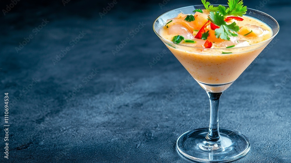 Fresh Seafood Cocktail Garnished with Herbs and Spices in Glass Fresh Seafood Cocktail Garnished with Herbs and Spices in Glass