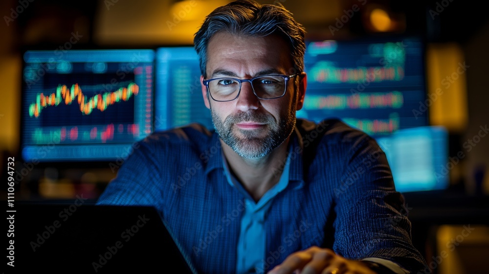 Stock photo of a successful businessperson working with a laptop or tablet, focused on stock trading. Stock photo of a successful businessperson working with a laptop or tablet, focused on stock trading.