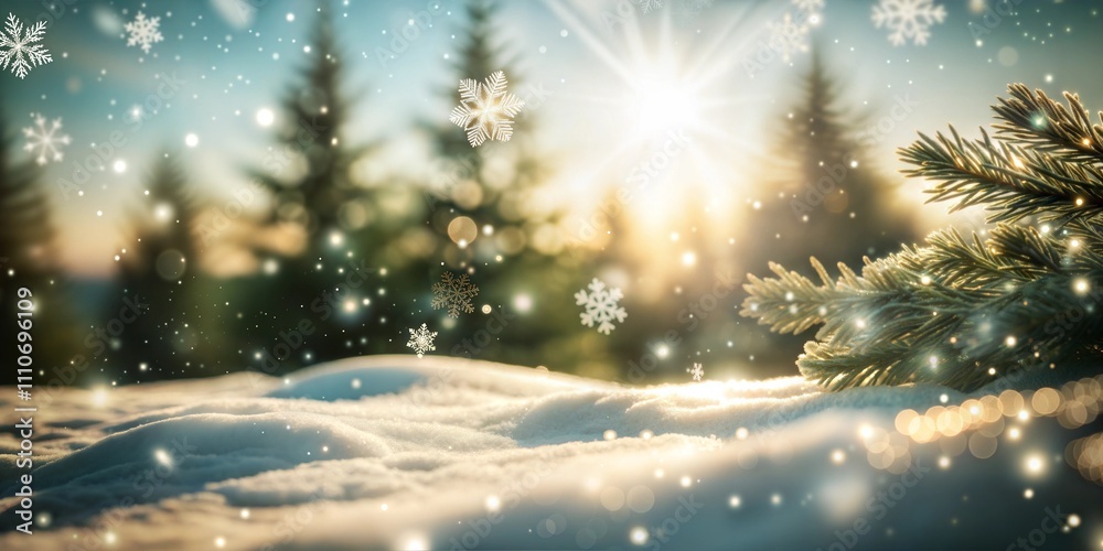 Abstract New Year background with fir branches, cones, snow against a blurred background of the forest Abstract New Year background with fir branches, cones, snow against a blurred background of the forest