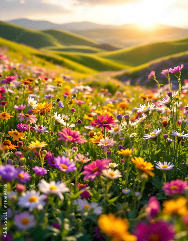 Obraz premium Field of flowers with the sun shining in the background