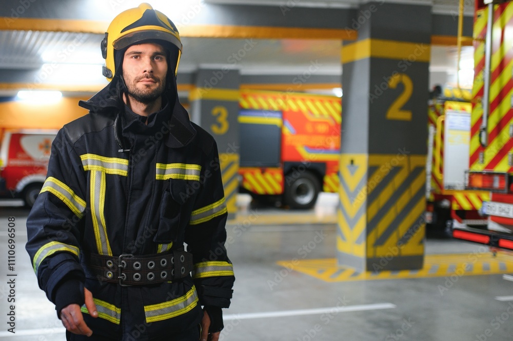 Fototapeta premium fireman sitting on bench at fire station