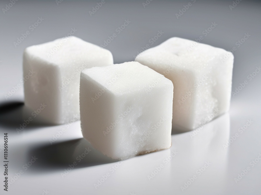 An up-close view of three white sugar cubes set against a white backdrop An up-close view of three white sugar cubes set against a white backdrop