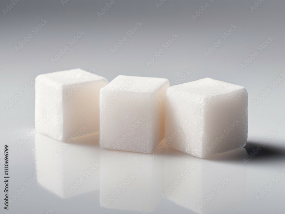 Close-up of three white sugar cubes isolated on a white backdrop. Close-up of three white sugar cubes isolated on a white backdrop.