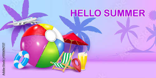 huge beach ball and other summer travel objects decorative hello summer and travel concept business marketing and advertising banner,poster vector illustration.