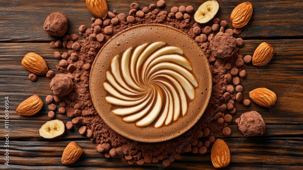 a creamy latte art masterpiece, surrounded by cocoa-dusted truffles, almonds a creamy latte art masterpiece, surrounded by cocoa-dusted truffles, almonds