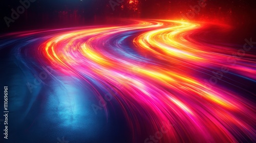 Vibrant Light Trails on a Wet Surface at Night Creating a Dynamic Illumination in a Dark Urban Environment