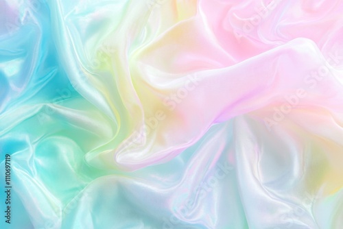 Iridescent pastel rainbow background with holographic foil abstract wavy texture.