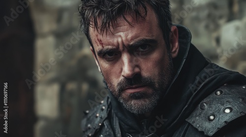 Intense warrior preparing for battle in a medieval setting with a rugged expression