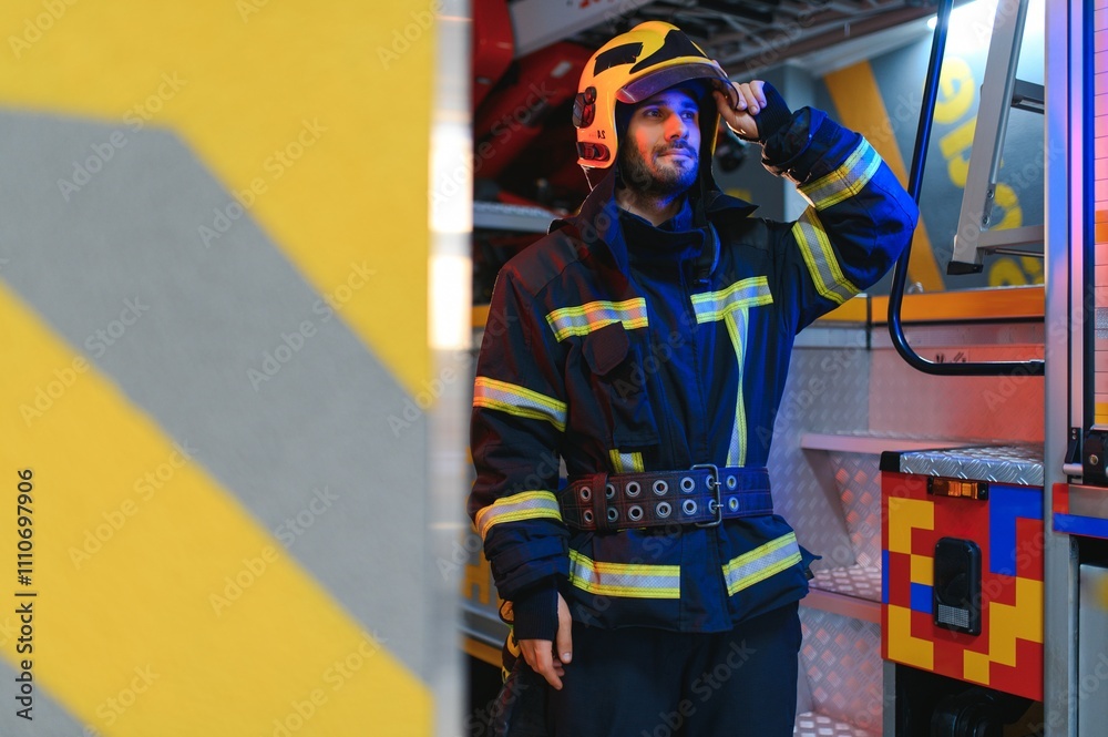 Fototapeta premium Portrait of male firefighter in uniform at fire station