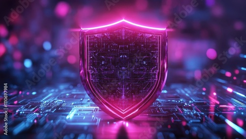 Glowing shield on circuit board with pink and purple lights