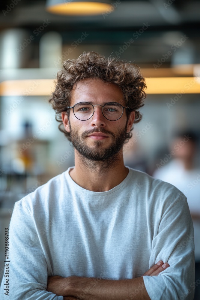 Obraz premium Confident young man with glasses, standing in a modern cafe.
