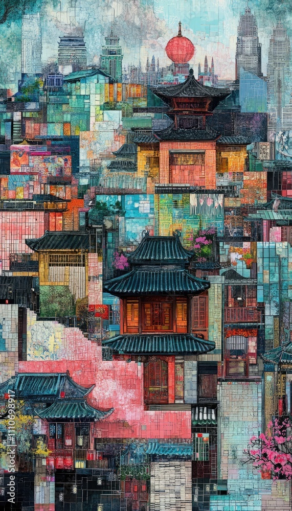 Fototapeta premium A vibrant urban depiction of a modern Chinese city with traditional elements