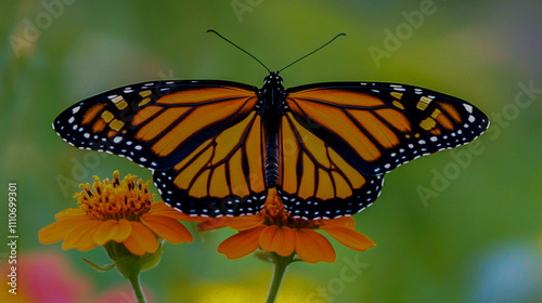 Orange monarch butterfly perched on a vibrant flower, with a soft, blurred background