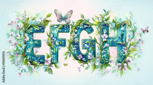 Colorful floral design featuring the letters EFGH surrounded by butterflies and greenery photo