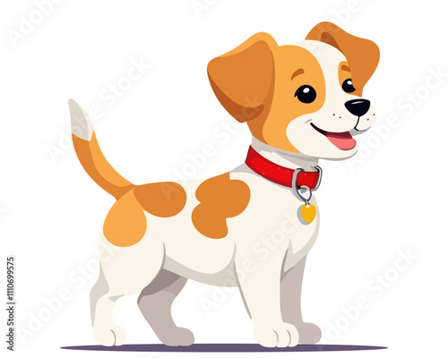 Flat vector illustration of a puppy of jack russell terrier breed. Multicolor doggy standing with tongue hanging out. Friendly pet with raised tail.