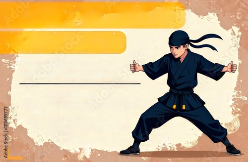 guy in karate clothes holding punch on background for text photo