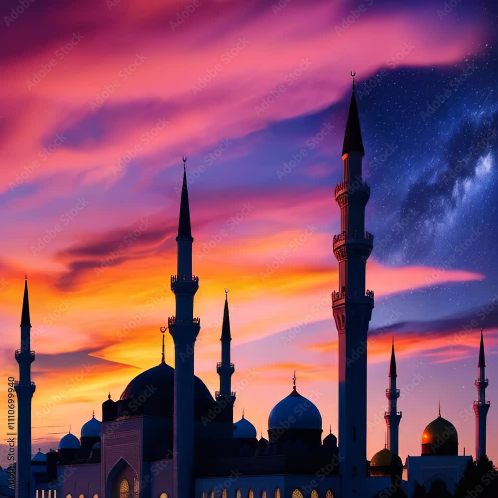 A majestic mosque with domes and minarets under a vibrant sunset sky ...