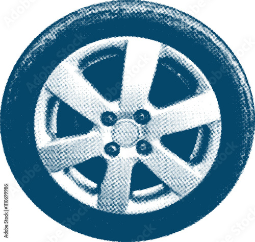 Isolate Car Tire in halftone style editable vector with rim inside, eps 10. Car tire halftone in blue shapes
