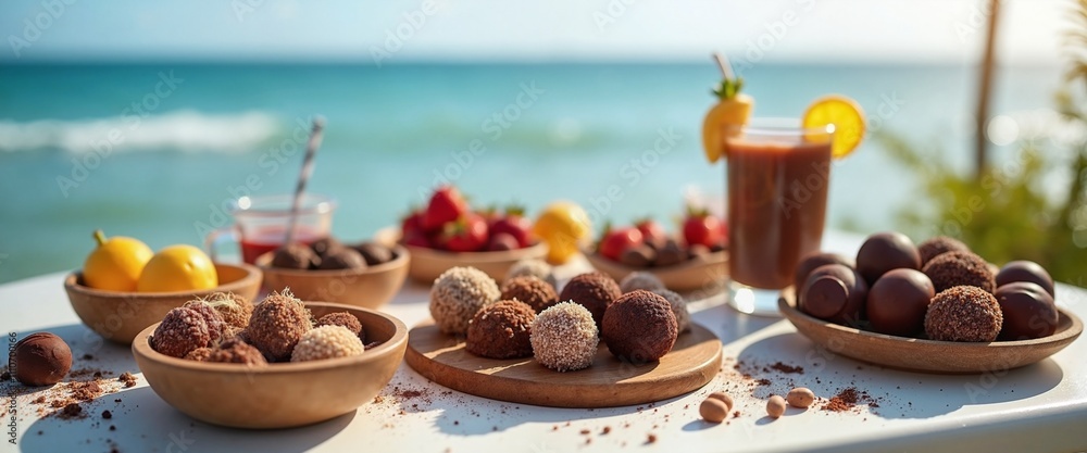 Naklejka premium Tropical beach sweets and fruits spread, summer indulgence