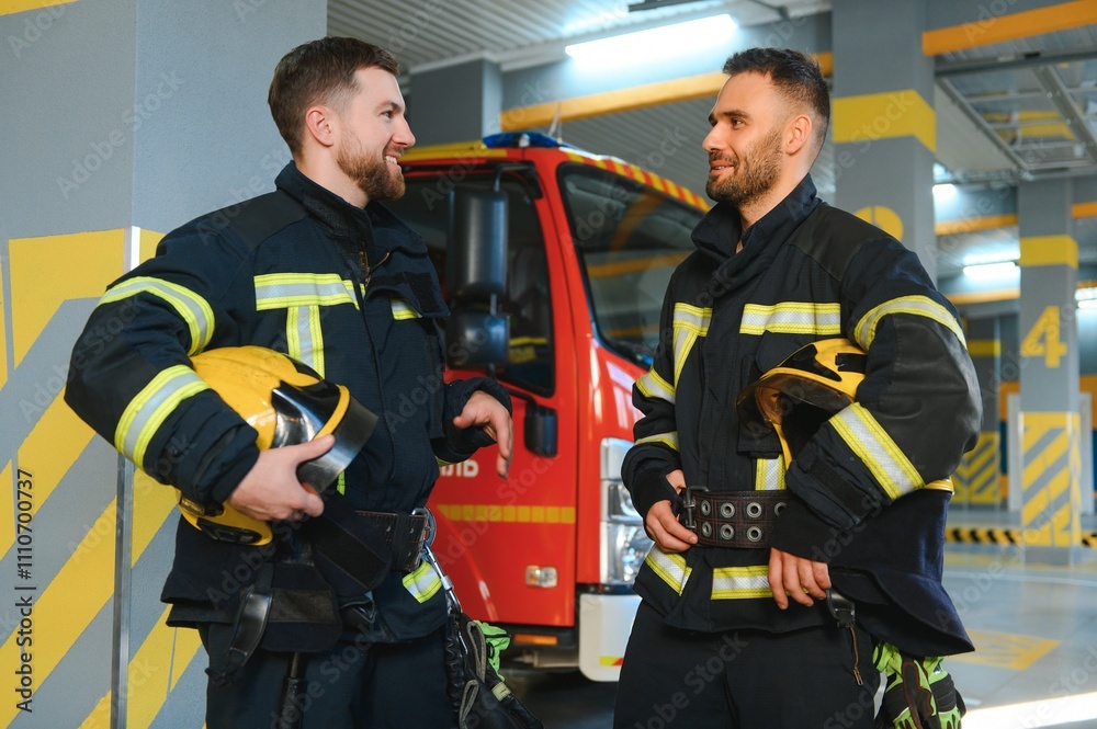 Obraz premium Portrait of two young firemen in uniform standing inside the fire station
