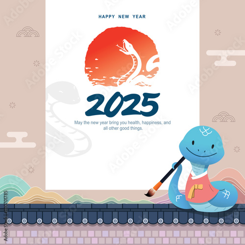 Korean New Year event design. A blue snake wearing a traditional Hanbok and holding a brush is delivering a New Year message for 2025.
