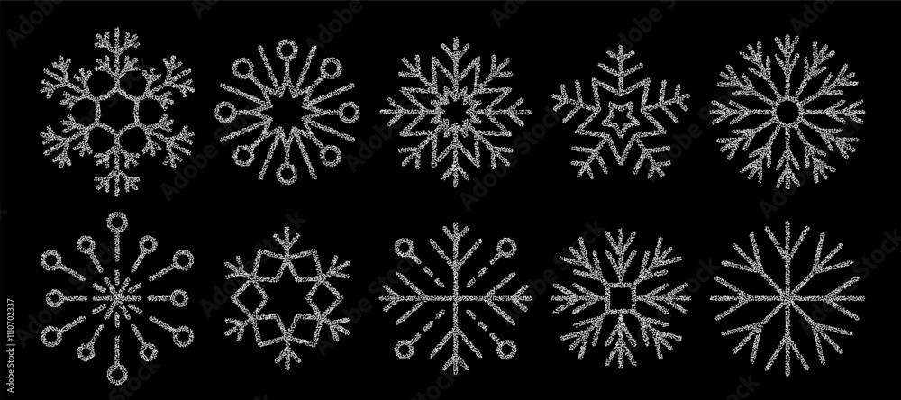 Snowflake white halftone dot icon set. Snowflake white halftone dot icon set.