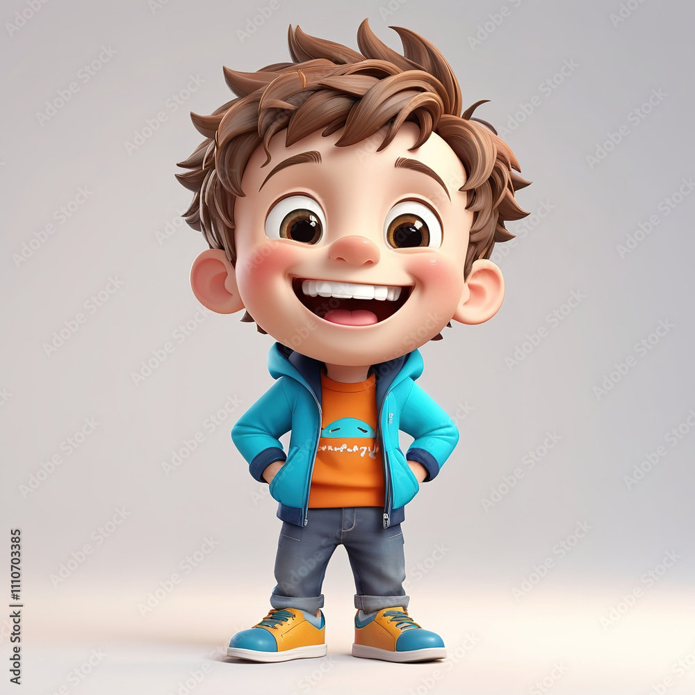 3D cartoon boy, full figure, laughing happily, set against a light background for an emotion expression theme. 3D cartoon boy, full figure, laughing happily, set against a light background for an emotion expression theme.