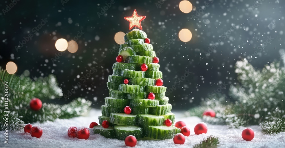 Obraz premium Cucumber Christmas Tree - Fun Food for Kids. AI generated illustration.