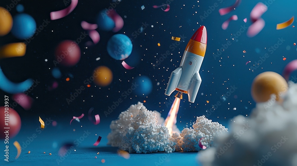 Fototapeta premium Galaxy outer space party Rocket launching amid colorful confetti and planets against a blue backdrop.