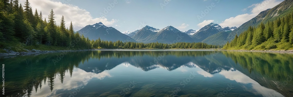 Naklejka premium A tranquil mountain lake in Haines Alaska reflects the vibrant green hues of the surrounding foliage, haines alaska, mountain lake