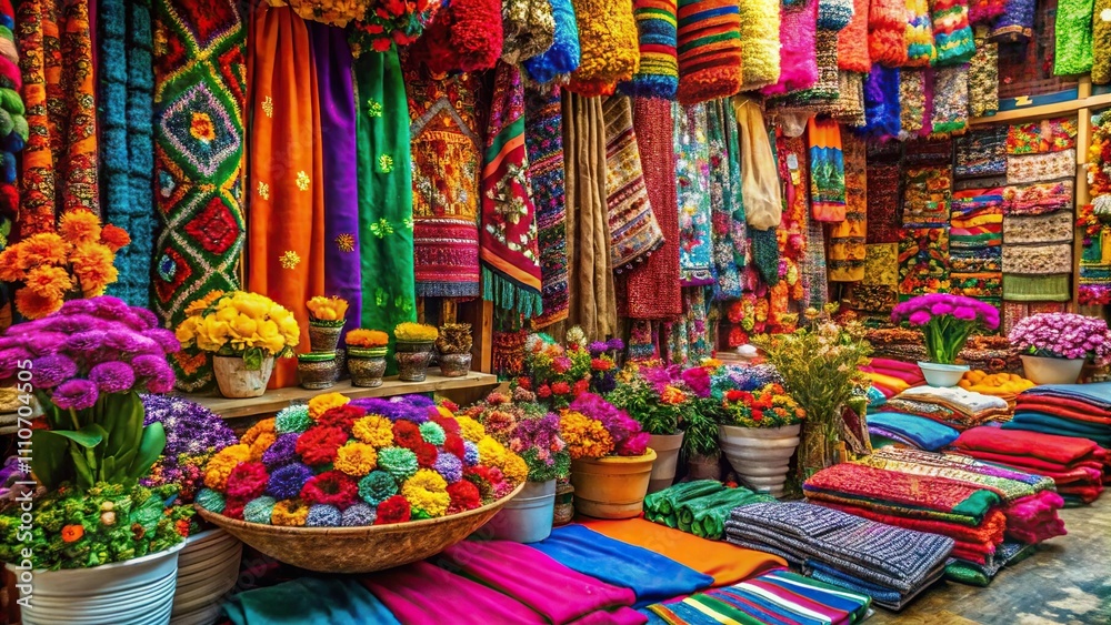 Fototapeta premium Colorful and vibrant market scene with exotic flowers and textiles, lively atmosphere, diverse patterns, global marketplace, ornate decorations