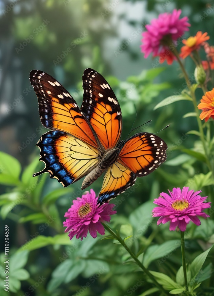 Obraz premium A butterfly perched on a colorful flower stem with green leaves and stems in the background, flowers, scenery, fauna