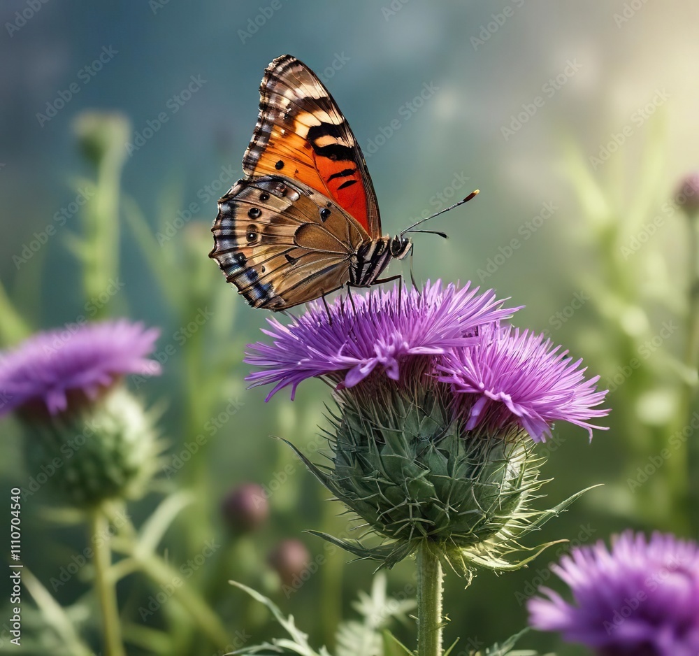 A butterfly rests on the top of a thistle violet flower, delicate, insect life, flowers A butterfly rests on the top of a thistle violet flower, delicate, insect life, flowers